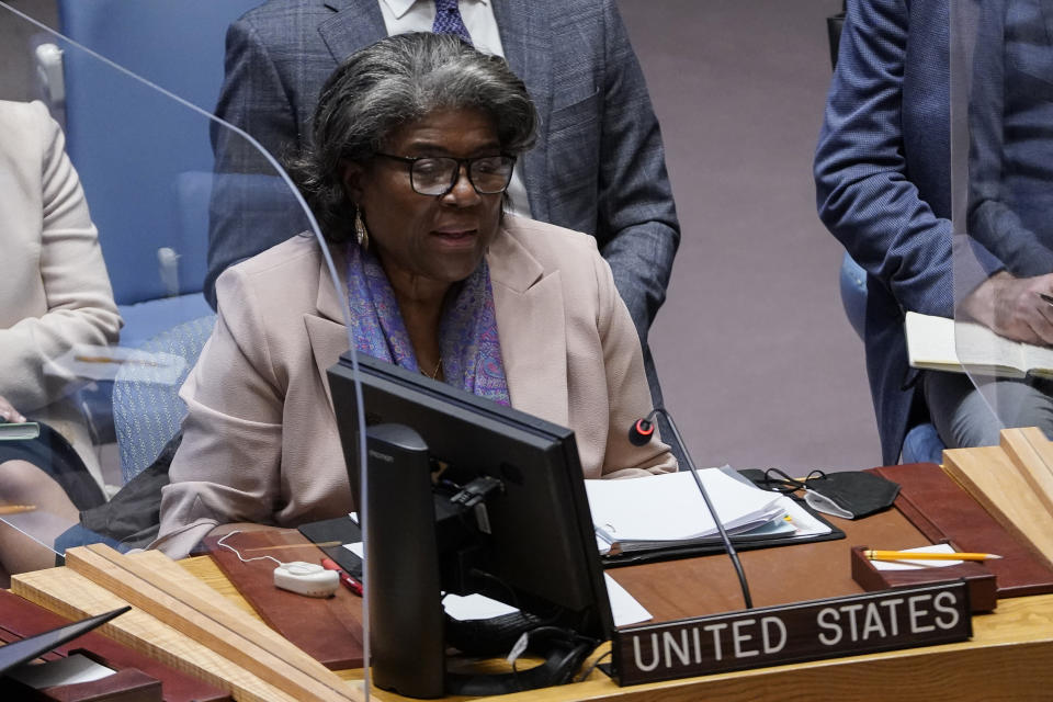 Linda Thomas-Greenfield, Permanent Representative of United States to the United Nations, speaks during a meeting of the United Nations Security Council, Tuesday, April 19, 2022, at United Nations headquarters. Russia has ratcheted up its battle for control of Ukraine's eastern industrial heartland. It intensified assaults on cities and towns along a front hundreds of miles long Tuesday in what officials on both sides described as a new phase of the war. (AP Photo/John Minchillo)