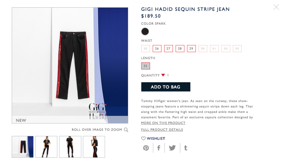 The sold-out Tommy x Gigi Sequin Stripe Jean. (Photo: Tommy.com)