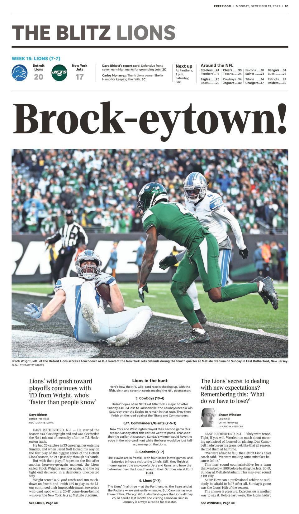 The Blitz Lions section front in the Detroit Free Press print edition, Dec. 19, 2022, covering the Lions' 20-17 win over the Jets.