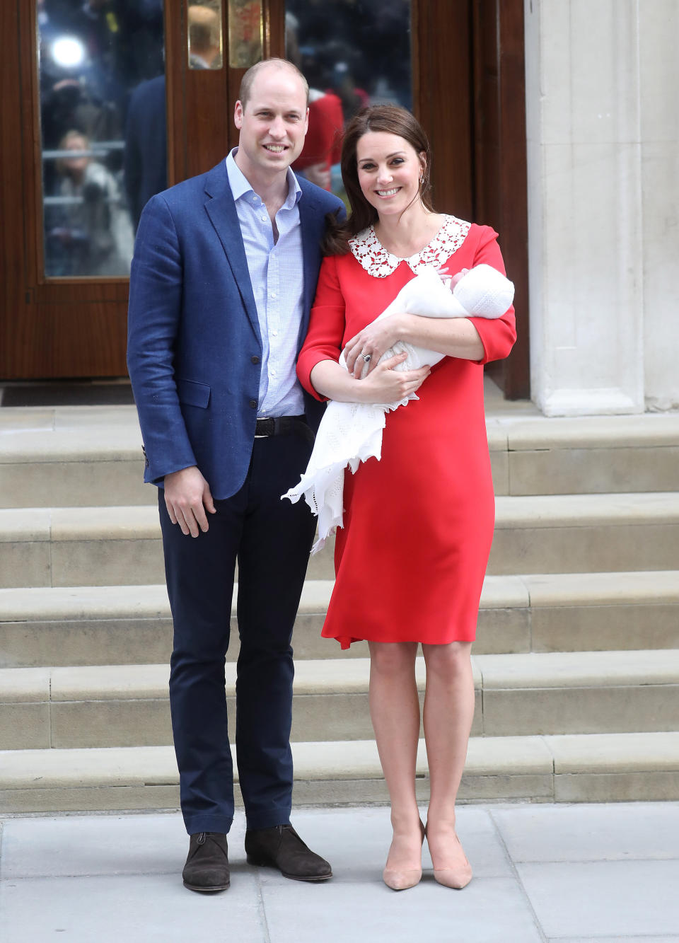 The royal couple departs the Lindo Wing with their son Prince Louis of Cambridge at St. Mary's Hospital on April 23.&nbsp;