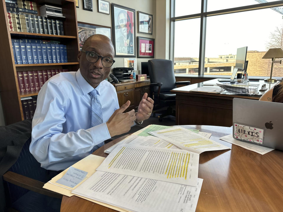 Minnesota Senate President Bobby Joe Champion sits at his desk in his office in the State Capitol complex, March 11, 2024, in St. Paul, Minn. Champion, a Democrat from Minneapolis, is the lead Senate author of the proposed Minnesota Voting Rights Act. Minnesota is one of several states moving to enact state-level protections to plug gaps that the courts have opened up in the landmark federal Voting Rights Act. (AP Photo/Steve Karnowski)