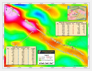 Plan of the central part of the Golden Mile vein trench showing associated magnetic anomaly and the corrected grab and channel sample sites. Sample analyses and widths of the channels are contained in the tables.