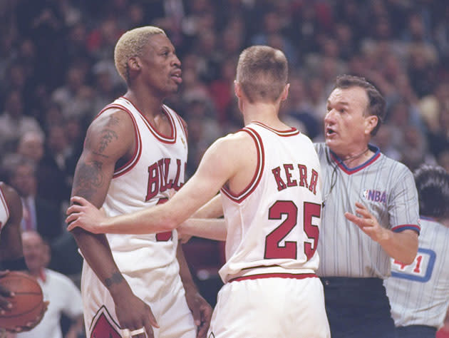Dennis Rodman of the Chicago Bulls looks on during a 1996 NBA game at  News Photo - Getty Images