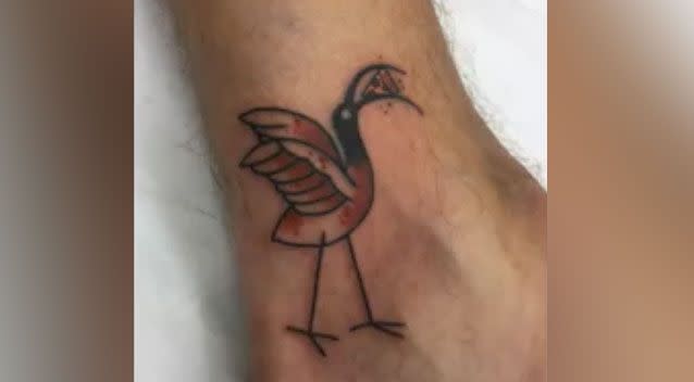 One ibis design depicts the bird gulping down a slice of pizza. Source: Facebook/ Crossfire Tattoos