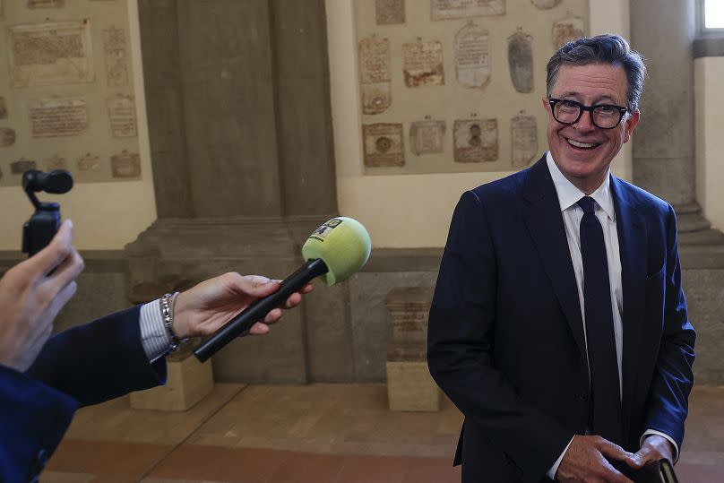 Stephen Colbert is interviewed after an audience with Pope Francis