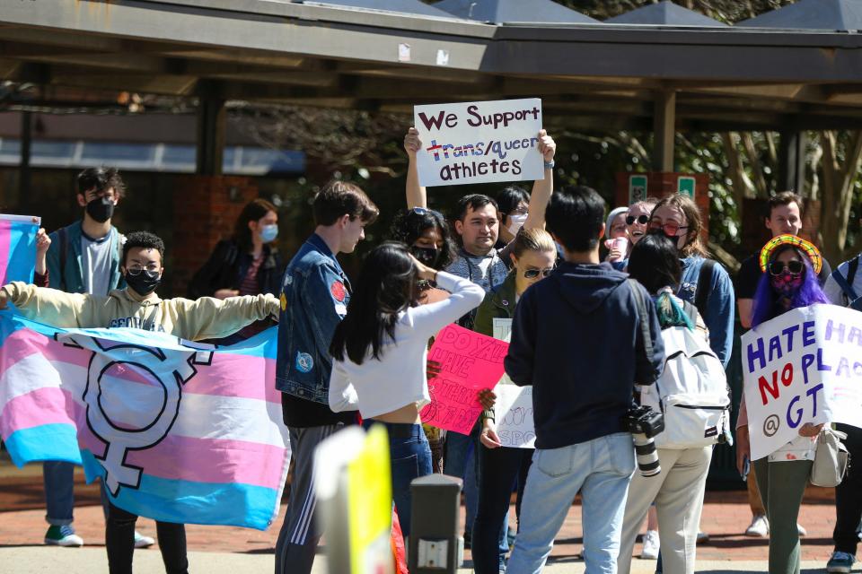 Counter-protesters also gathered outside of the event.