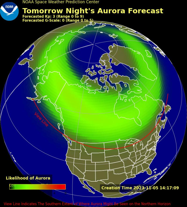 The aurora forecast for Monday, November 6, 2023, as of Sunday morning. (NOAA Space Weather Prediction Center)