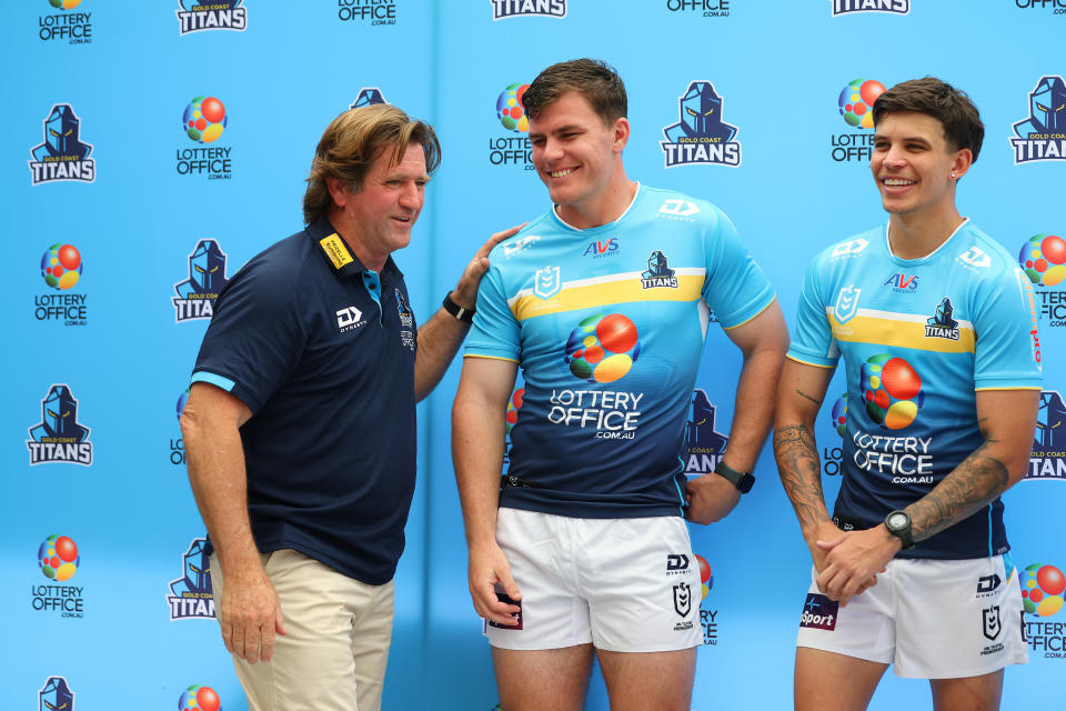 GOLD COAST, AUSTRALIA - NOVEMBER 03: Head Coach Des Hasler and players Jayden Campbell and Beau Fermor during a Gold Coast Titans Media Opportunity at The Club at Parkwood Village on November 03, 2023 in Gold Coast, Australia. (Photo by Chris Hyde/Getty Images)