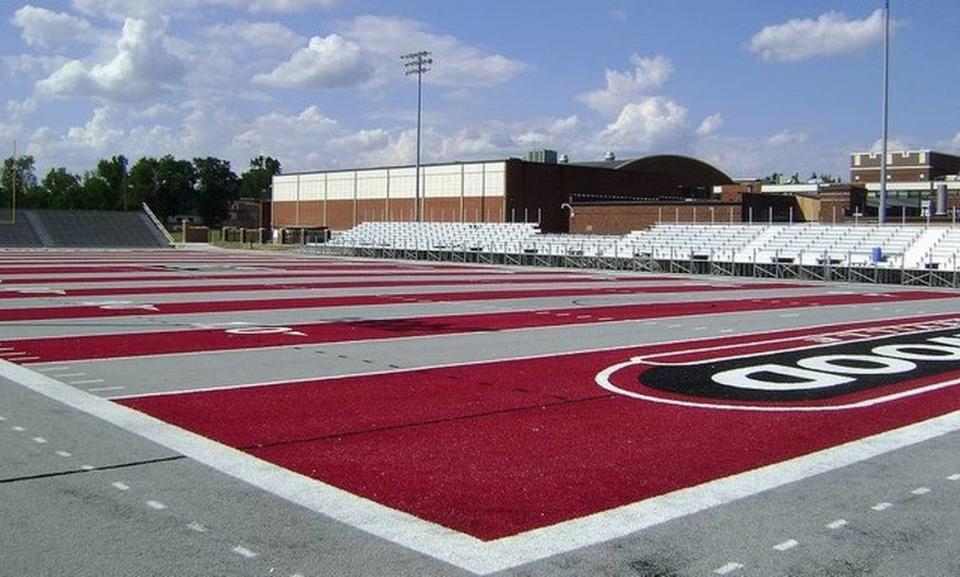 This photo was taken in 2012, shortly after Lindenwood University replaced grass on its football field in Belleville with maroon-and-gray-striped artificial turf. It drew wide criticism.