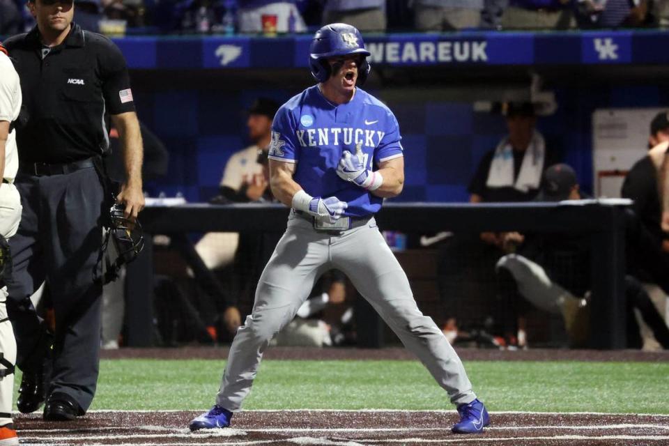 Kentucky’s Nolan McCarthy (19) celebrates after scoring in game two of the super regional against Oregon State in Lexington, Ky, Sunday, June 9, 2024.