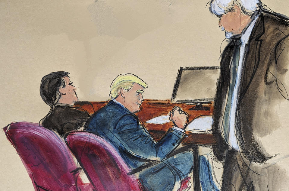 In this courtroom sketch, former President Donald Trump, center, gives Jeffrey McConney a fist bump and smile as he walks out of the courtoom after McConney finished his testimony at Manhattan criminal court, Monday, May 6, 2024, in New York. (Elizabeth Williams via AP)