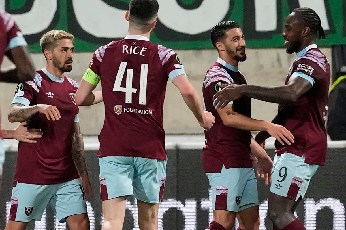 Michail Antonio (right) celebrates scoring in Cyprus (Petros Karadjias/AP). (AP)