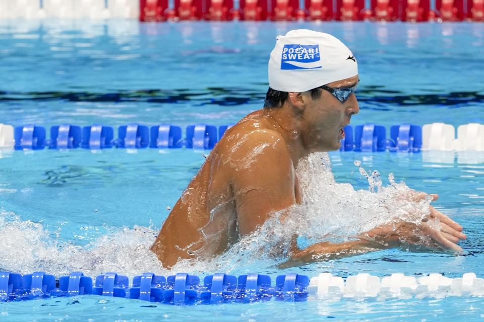 Carson Foster swims during the Men's 400 individual medley preliminary heat Sunday, June 16, 2024, at the US Swimming Olympic Trials in Indianapolis. (AP Photo/Darron Cummings)