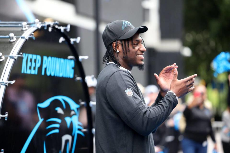 New Carolina Panthers receiver Xavier Legette arrives at Bank of America Stadium on Friday, April 26, 2024. The Panthers traded up to No. 32 overall, the final pick of the NFL Draft’s first round, to select Legette.