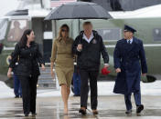 <p>President Donald Trump and first lady Melania Trump walk towards Air Force One at Andrews Air Force Base in Md., Saturday, Sept. 2, 2017. (Photo: Susan Walsh/AP) </p>