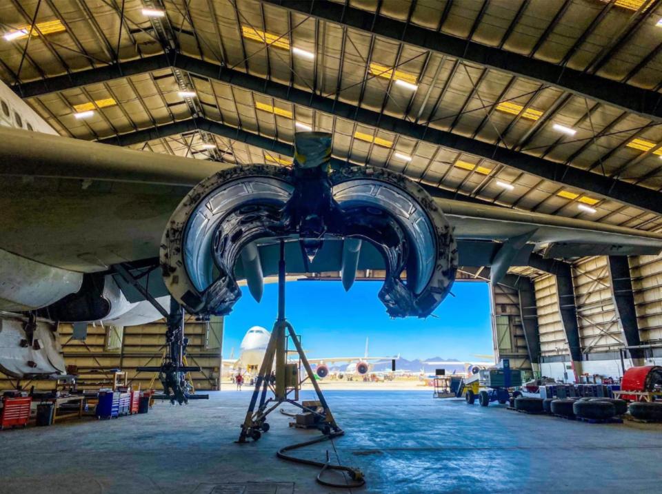 Maintenance on an engine at Pinal Airpark in Arizona.