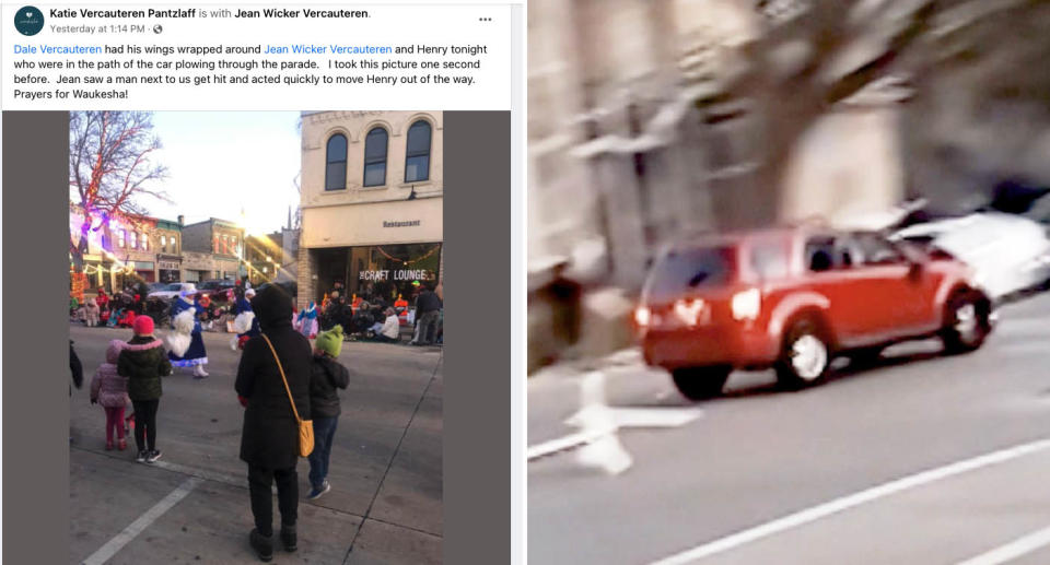 (LEFT) A Facebook post screenshot which shows an image taken by a witness just moments before the Christmas parade attack unfolded. Source: Facebook (RIGHT) A photo of the SUV which struck the crowd. Source: CNN