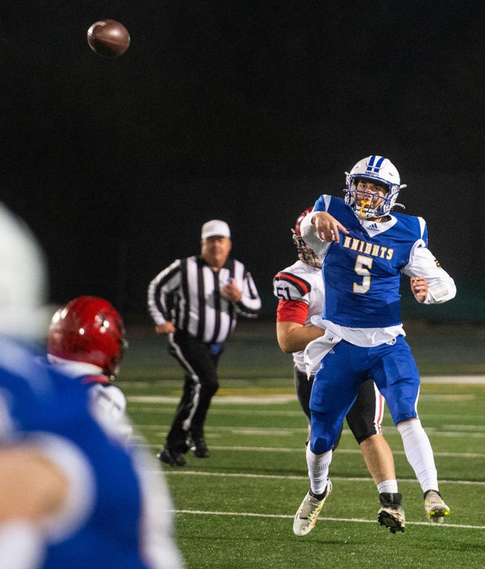 Ripon Christian’s Trey Fasani throws the ball during the Sac-Joaquin Section Division VII championship game with Woodland Christian at St. Mary’s High School in Stockton, Calif., Friday, Nov. 25, 2022.