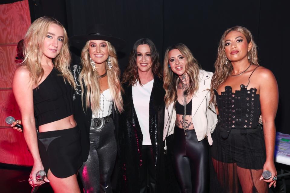 Ingrid Andress, Lainey Wilson, Alanis Morissette, Morgan Wade and Madeline Edwards at the 2023 CMT Music Awards held at Moody Center on April 2, 2023 in Austin, Texas.