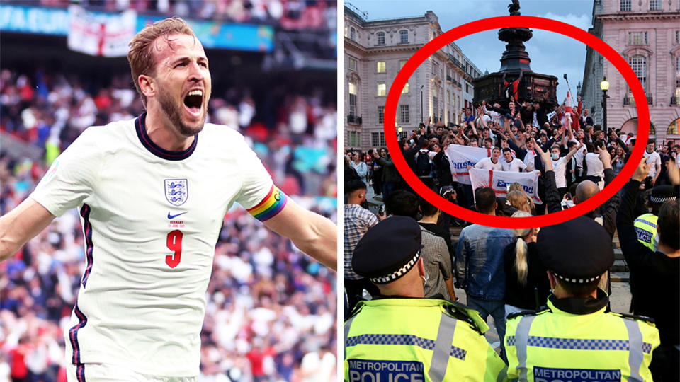 Harry Kane (pictured left) celebrating and (pictured right) England fans celebrating at Piccadilly Circus.