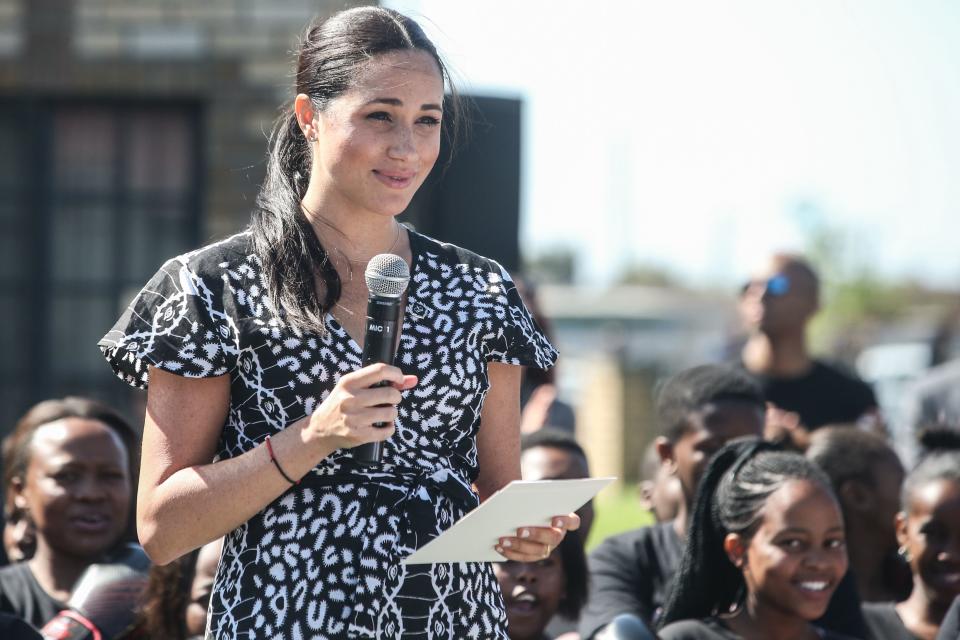 Meghan, Duchess of Sussex gives a speech during a visit to the 