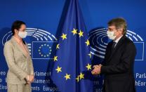 Belarusian opposition leader Tsikhanouskaya meets with EU Parliament President Sassoli in Brussels