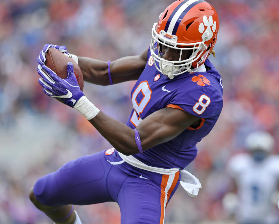 Clemson’s Deon Cain pulls in a reception for a touchdown during the first half of an NCAA college football game against Citadel, Saturday, Nov. 18, 2017, in Clemson, S.C. (AP Photo/Richard Shiro)