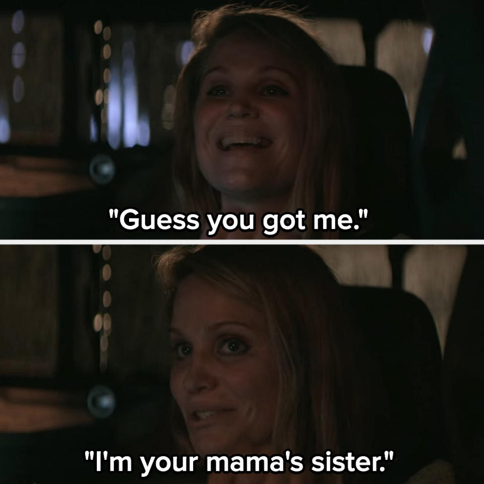 A character laughing and saying "Guess you got me, I'm your mama's sister"