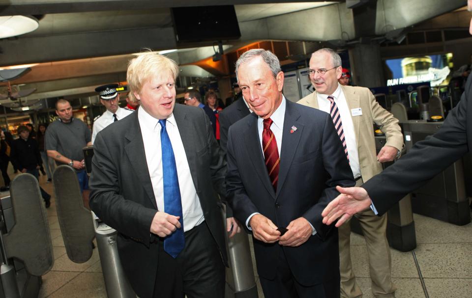 11 May 2010 - London, England - NYC Mayor Michael Bloomberg (Right) with Mayor of London Boris Johnson at Westminster undergound station. Photo Credit: Chris Ratcliffe/Office of Mayor Bloomberg/Sipa Press/1005111916