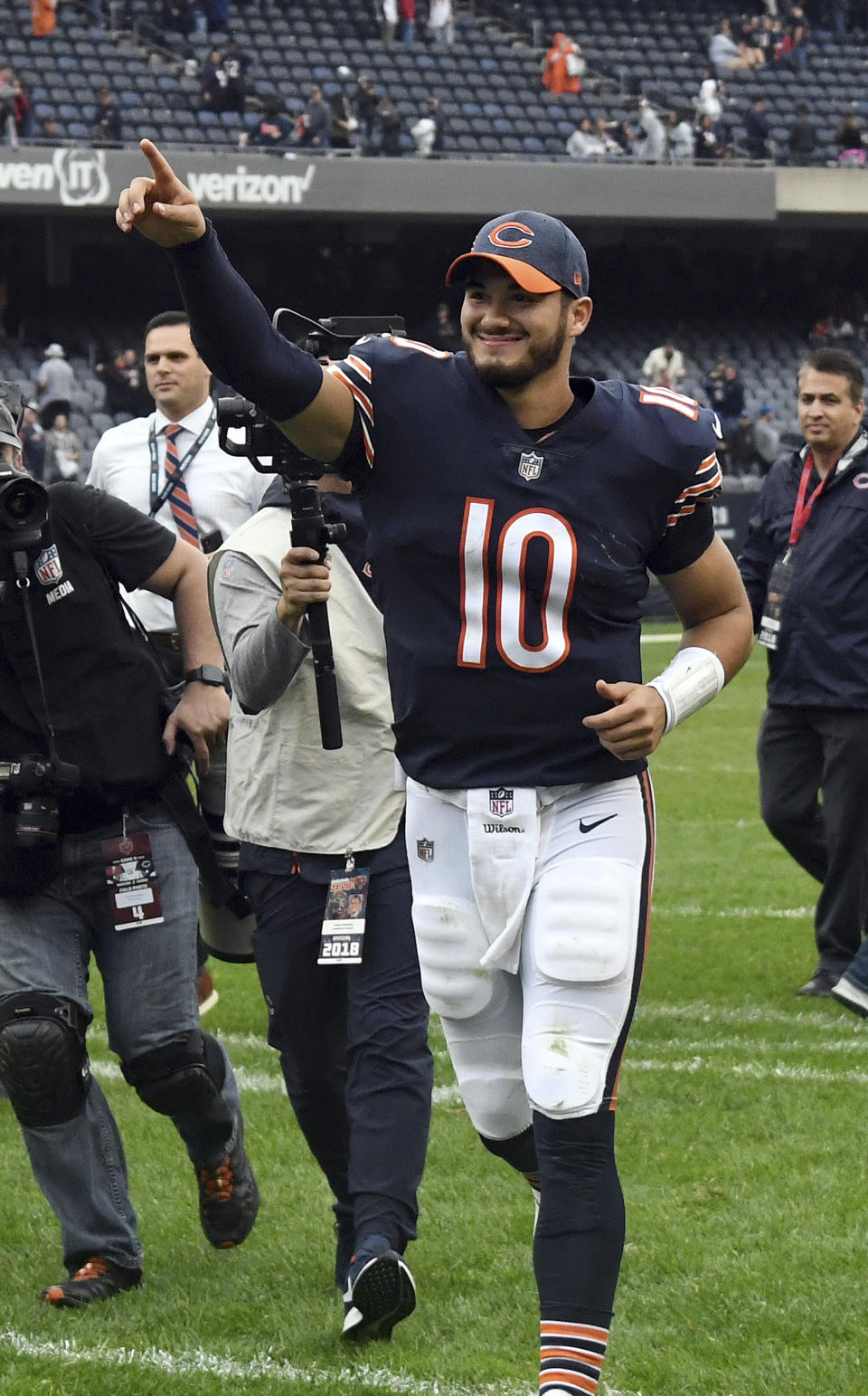 Chicago Bears quarterback Mitchell Trubisky (10) celebrates after an NFL football game against the Tampa Bay Buccaneers Sunday, Sept. 30, 2018, in Chicago. The Bears won 48-10. (AP Photo/David Banks)