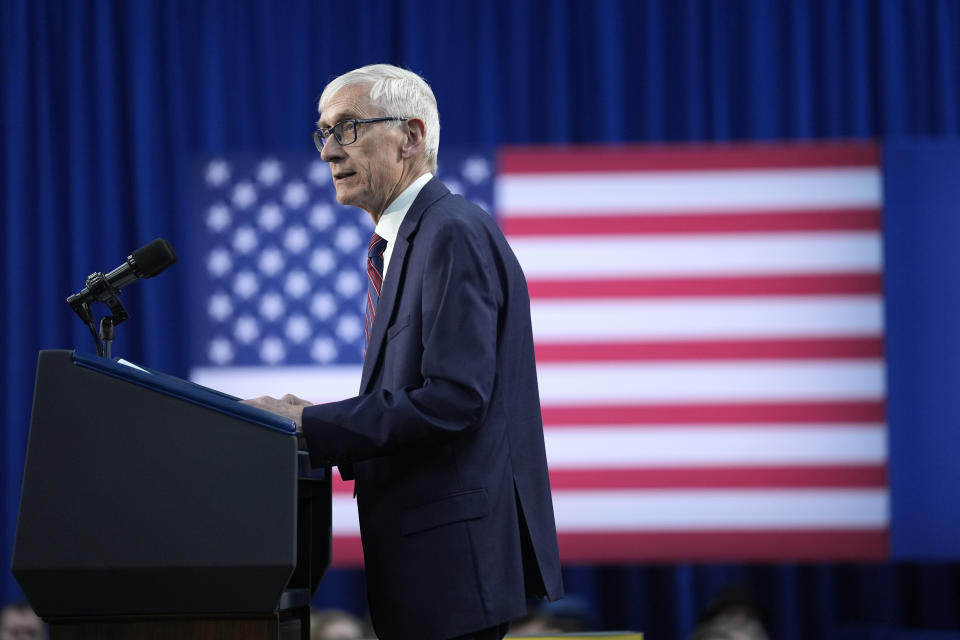 Wisconsin Gov. Tony Evers speaks before President Joe Biden delivers remarks on student loan debt at Madison College, Monday, April 8, 2024, in Madison, Wis. (AP Photo/Evan Vucci)