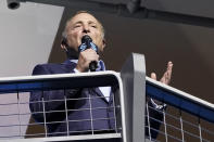 NHL Commissioner Gary Bettman speaks before an NHL hockey game between the Seattle Kraken and the Vancouver Canucks, Saturday, Oct. 23, 2021, in Seattle. (AP Photo/Ted S. Warren)