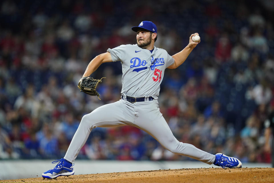 Los Angeles Dodgers' Alex Vesia pitches during the fourth inning of a baseball game against the Philadelphia Phillies, Tuesday, Aug. 10, 2021, in Philadelphia. (AP Photo/Matt Slocum)