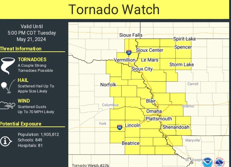 A graphic by the National Weather Service shows a tornado watch Tuesday, May 21, 2024, for Lincoln County.