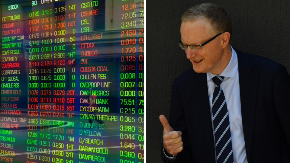 The ASX board showing price changes and RBA governor Philip Lowe.