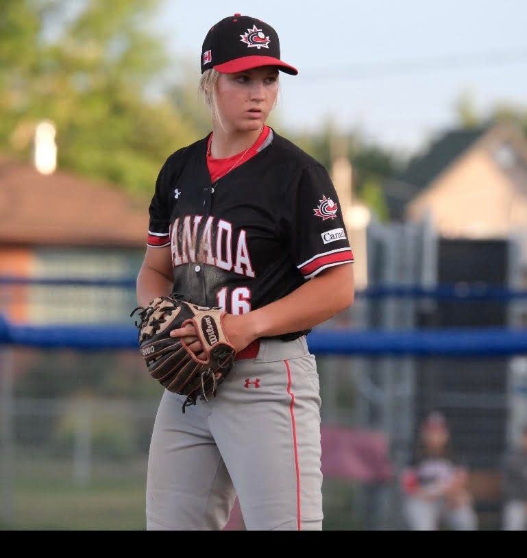 Alli Schroder pitching for the Canadian Women's National Team.