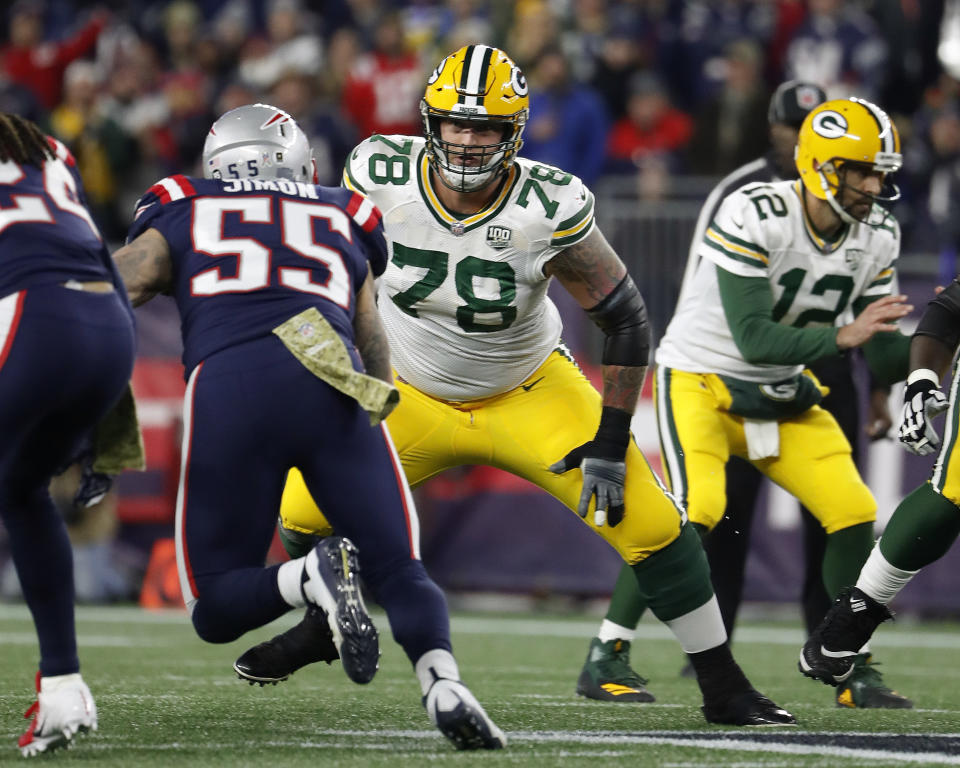 FILE - In this Sunday, Nov. 4, 2018 file photo, Green Bay Packers offensive tackle Jason Spriggs during an NFL football game against the New England Patriots at Gillette Stadium in Foxborough, Mass. Protecting quarterback Aaron Rodgers will be of the utmost importance for the Green Bay Packers when they face the Chicago Bears and their NFC-best defense on Sunday. The offensive line will be tested by a Bears defense that tripped up the high-octane Los Angeles Rams last week. The protection did hold up last week in the second half of a win over the Falcons last week, with backups playing at both guard spots and right tackle. (Winslow Townson/AP Images for Panini, File)