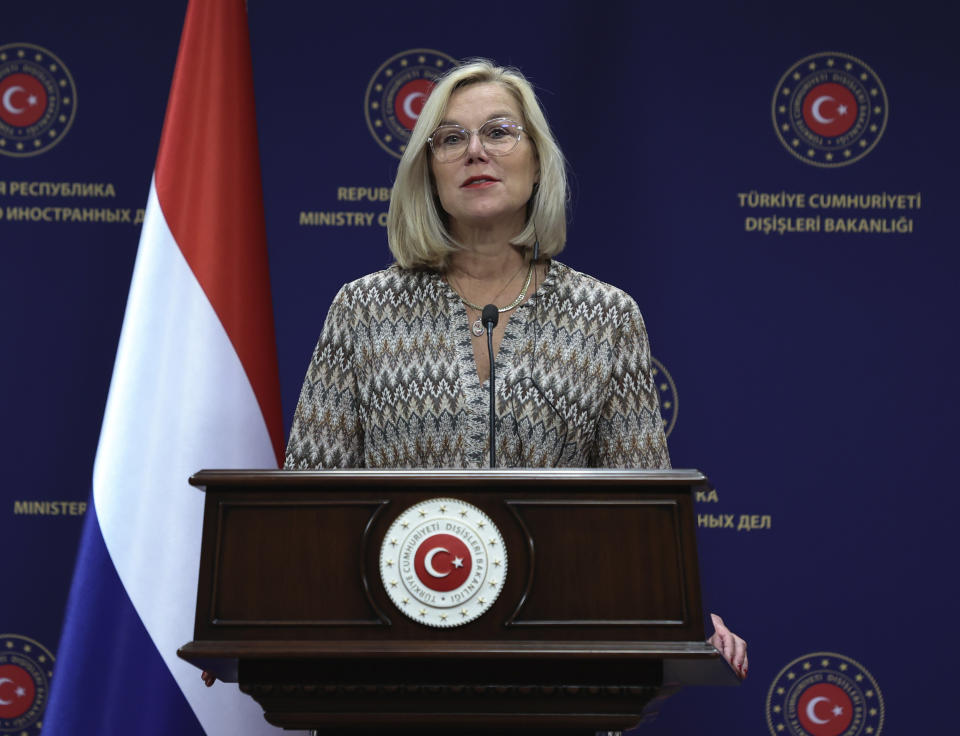 The Netherlands' Foreign Minister Sigrid Kaag speaks to the media during a joint news conference with Turkey's Foreign Minister Mevlut Cavusoglu after their talks, in Ankara, Turkey, Thursday, Sept. 2, 2021. Cavusoglu and Kaag has discussed the latest situation in Afghanistan. Cavusoglu on Thursday outlined possible steps to reopen Kabul's airport following the Taliban's takeover of the facility. (Cem Ozdel/Turkish Foreign Ministry via AP, Pool)