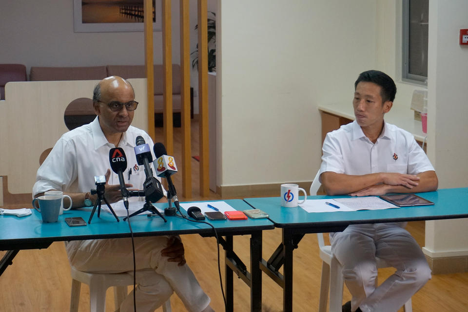 Senior Minister Tharman Shanmugaratnam (left) spoke highly of fellow PAP member and Jurong GRC election candidate Xie Yao Quan (right) when introducing the latter at a media doorstop on Monday (29 June). (PHOTO: Dhany Osman / Yahoo News Singapore)