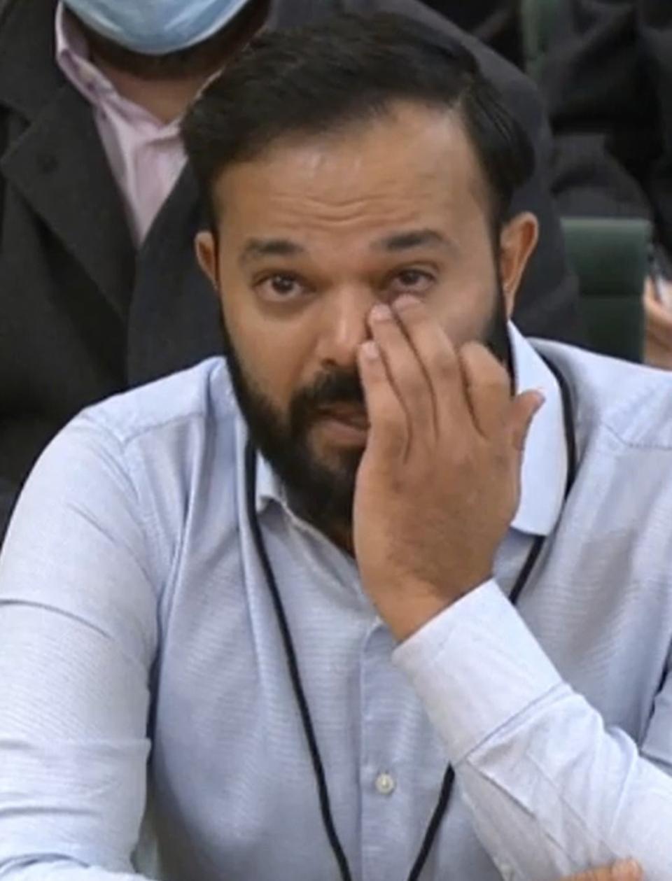 Azeem Rafiq, pictured, giving evidence to parliament over his experiences of racism at Yorkshire (House of Commons/PA) (PA Media)