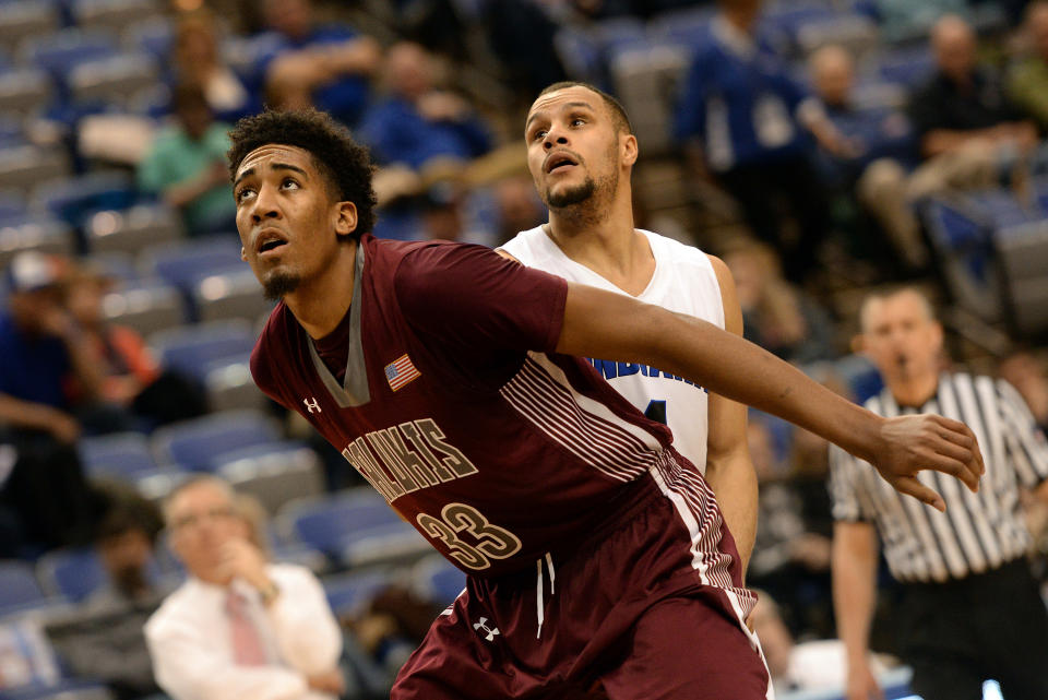 TERRE HAUTE, IN - FEBRUARY 17: Southern Illinois Salukis center Kavion Pippen (33) boxes out Indiana State Sycamores guard Brenton Scott (4) during the Missouri Valley Conference (MVC) college basketball game between the Southern Illinois Salukis and the Indiana State Sycamores on February 17, 2018, at the Hulman Center in Terre Haute, Indiana. (Photo by Michael Allio/Icon Sportswire via Getty Images)