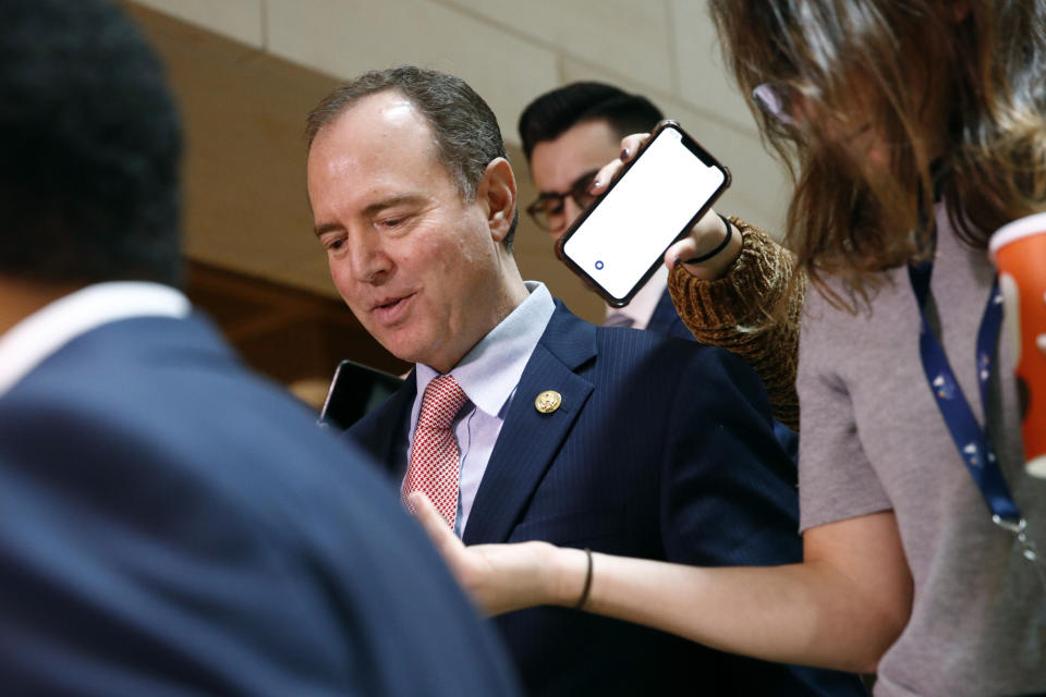 Rep. Adam Schiff, D-Calif., walks to a secure area of the Capitol where Army Lt. Col. Alexander Vindman, a military officer at the National Security Council, arrived for a closed door meeting to testify as part of the House impeachment inquiry into President Donald Trump, Tuesday, Oct. 29, 2019, on Capitol Hill in Washington. (AP Photo/Patrick Semansky)