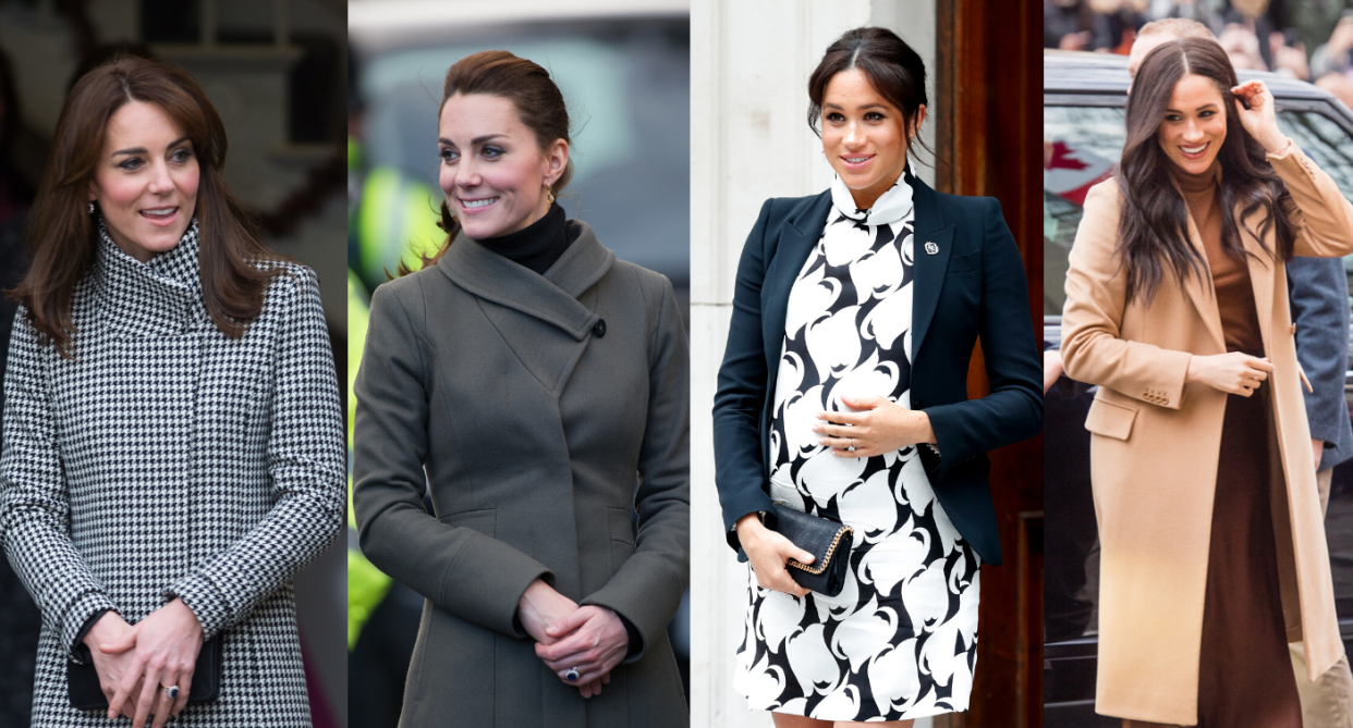 Kate Middleton and Meghan Markle in Reiss. Images courtesy of Zak Hussein/Corbis via Getty Images, Max Mumby/Indigo/Getty Images, Samir Hussein/Wireimage.