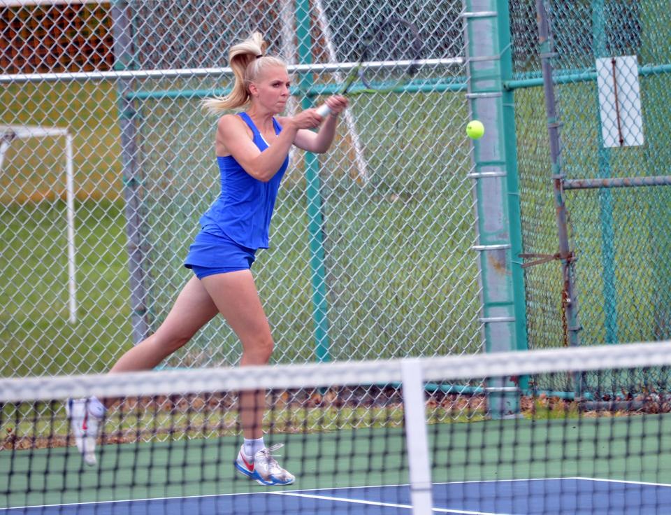 Clear Spring's Kayda Shives hits a backhand during the 1A West Region II mixed doubles final at Boonsboro on May 20. Shives teamed with Andrew Keller to defeat Brunswick's Zoe Razunguzwa and Ben Kennedy, 6-0, 6-1, to earn a state tournament berth.