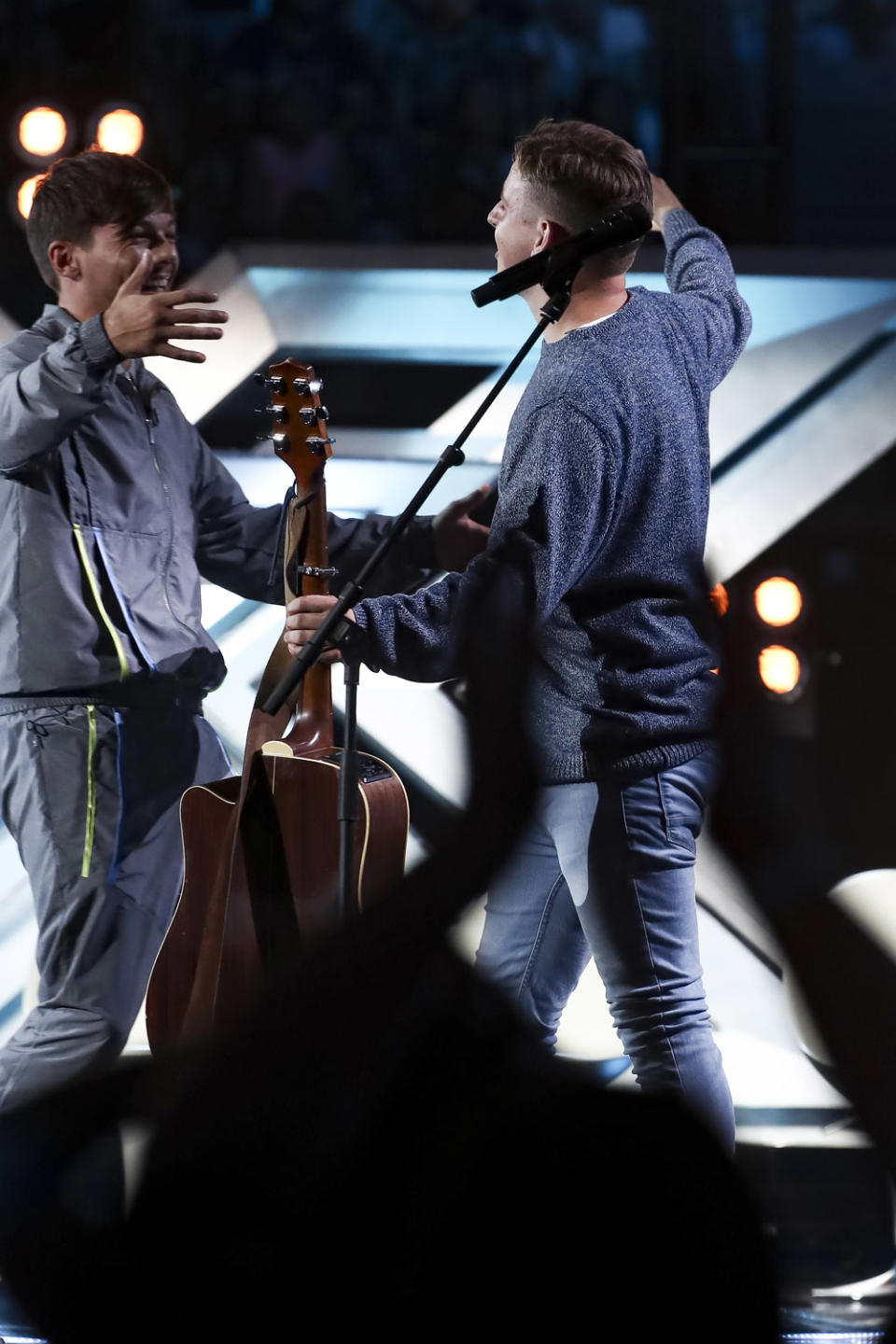 X Factor Judge Louis Tomlinson made sure hopeful Tommy Ludford was OK after his fall. (ITV Pictures)