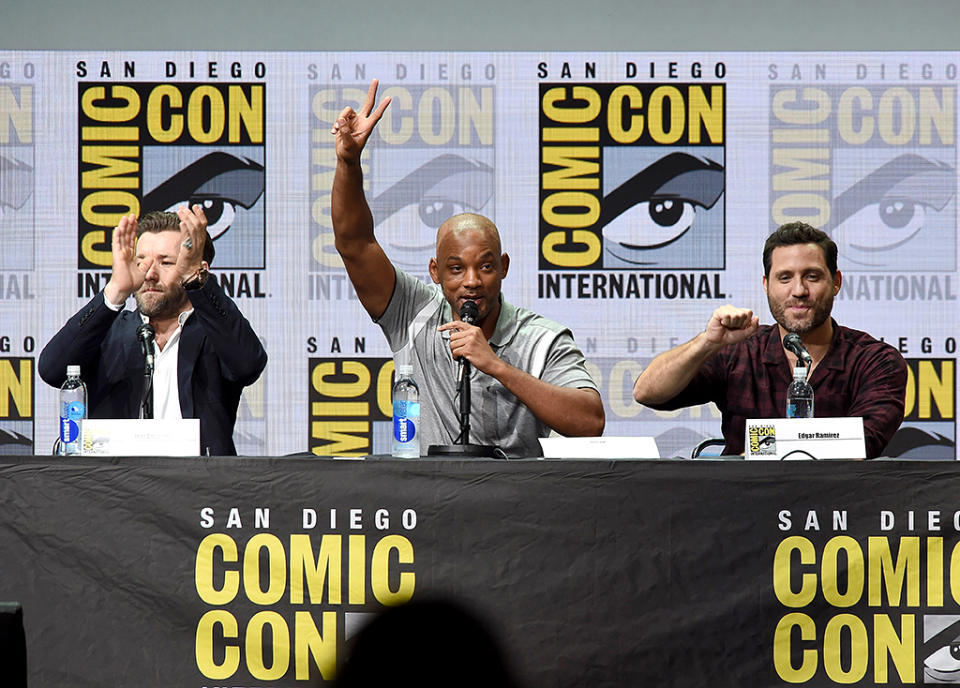 <p>Joel Edgerton, Will Smith, and Edgar Ramirez at Netflix Films Comic-Con panel on July 20, 2017, in San Diego. (Photo: Kevin Winter/Getty Images) </p>