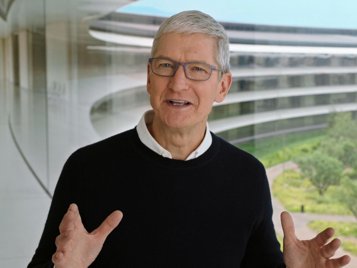 Apple CEO Tim Cook speaks during a special event at the company's headquarters of Apple Park in a still image from video taken in Cupertino, California, U.S. September 15, 2020.