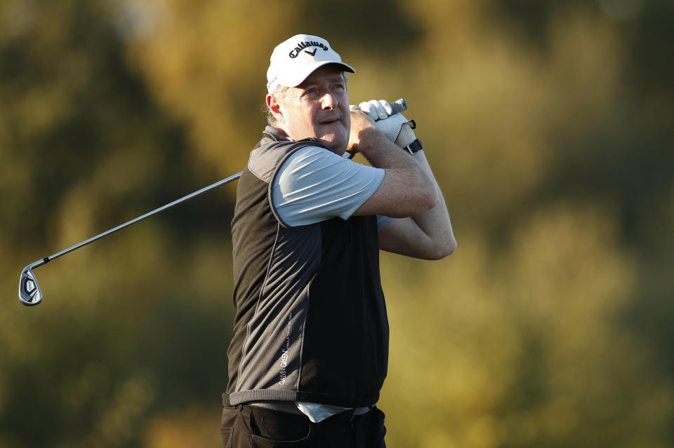 TADWORTH, ENGLAND - OCTOBER 10: Piers Morgan in action during the Hero Pro Am prior to the start of the Sky Sports British Masters at Walton Heath Golf Club on October 10, 2018 in Tadworth, England.  (Photo by Luke Walker/Getty Images)