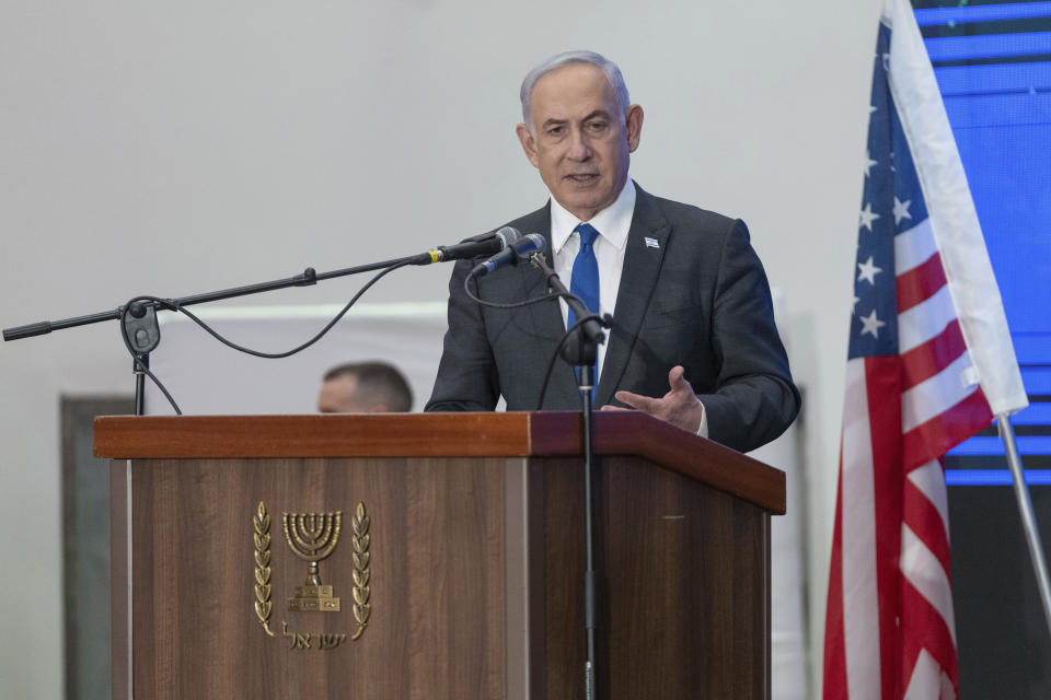 Prime Minister Benjamin Netanyahu speaks during a gathering of Jewish leaders at the Museum of Tolerance in Jerusalem, Sunday, Feb. 18, 2024. (AP Photo/Ohad Zwigenberg)