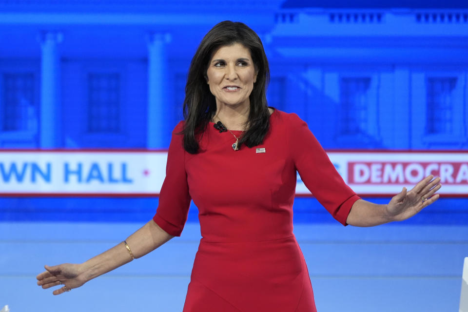 Republican presidential candidate former UN Ambassador Nikki Haley speaks during a Fox News Town Hall, Monday, Jan. 8, 2024, in Des Moines, Iowa. (AP Photo/Charlie Neibergall)